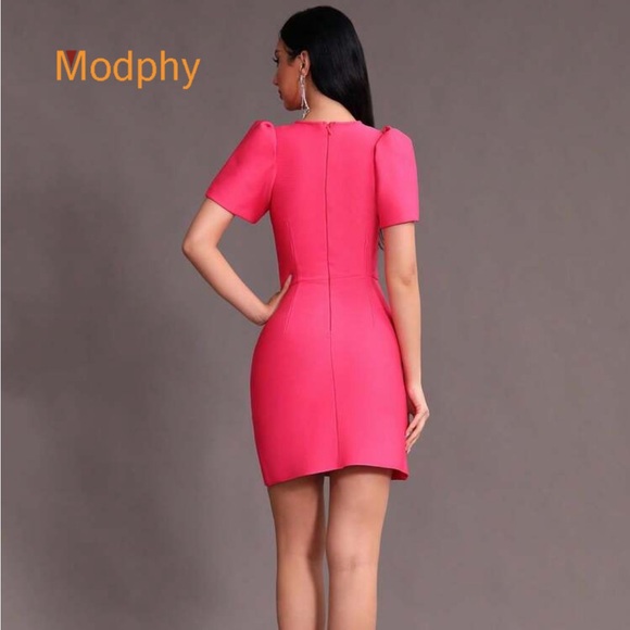 SHEIN Hot Pink Bow-Front Puff Sleeve Mini Dress - Picture 2 of 4